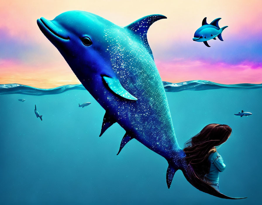 Surreal underwater scene with girl, starry dolphin, fish, and gradient sky