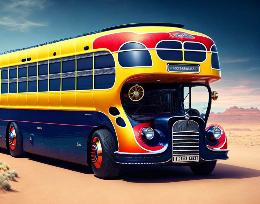 Vintage-style bus with modern flair in bright yellow and red colors