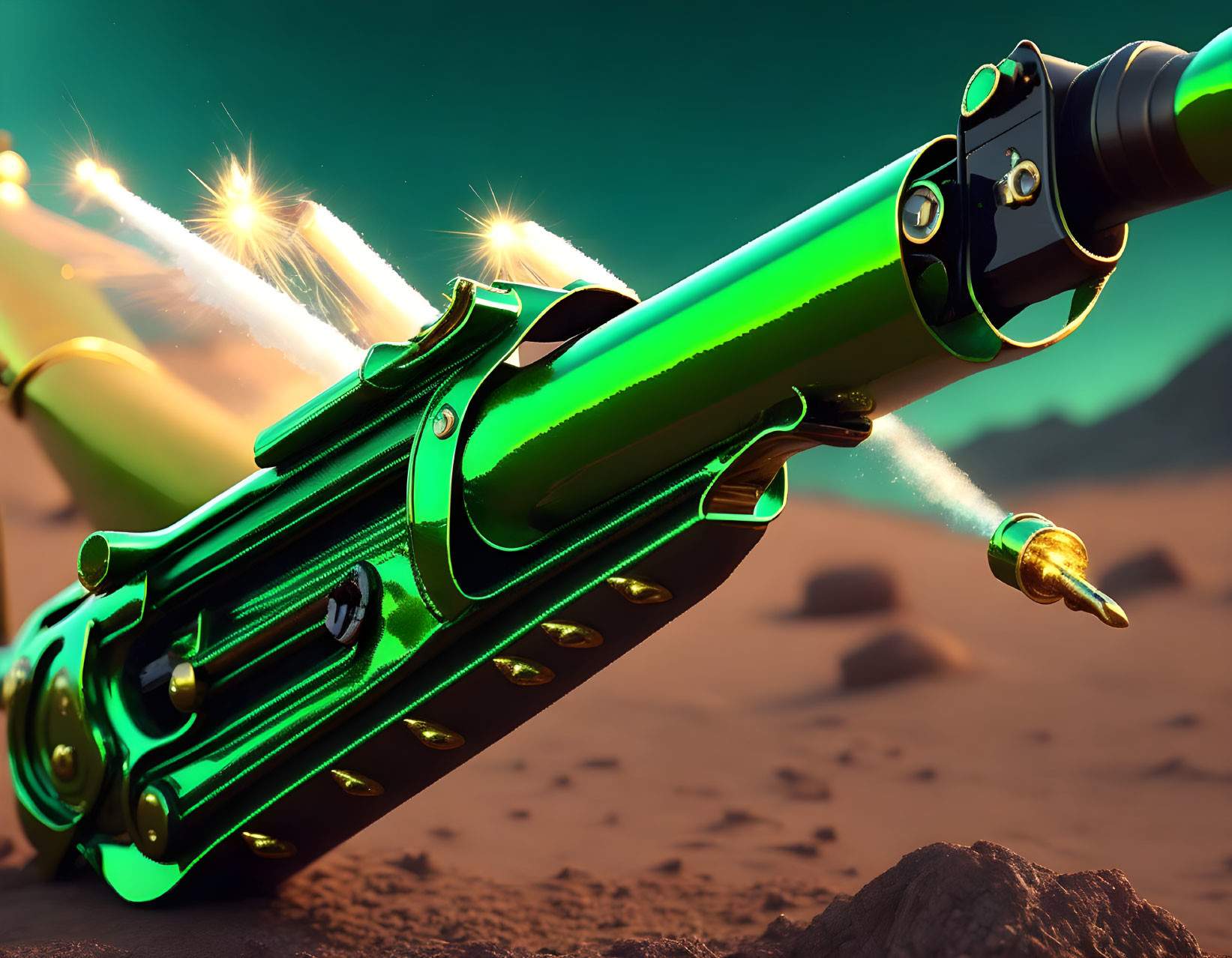 Futuristic green gun firing bullet in desert landscape