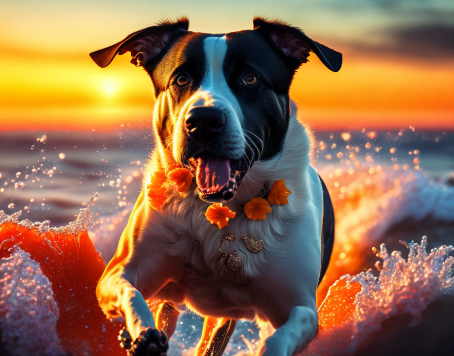 Black and white dog with floral necklace running in sunset surf