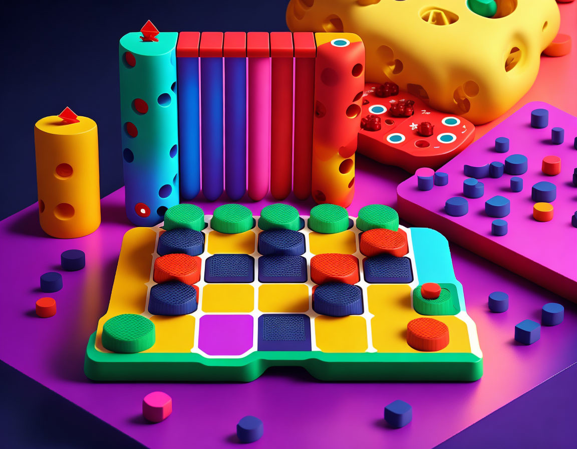 Colorful oversized toy blocks and shapes on purple surface