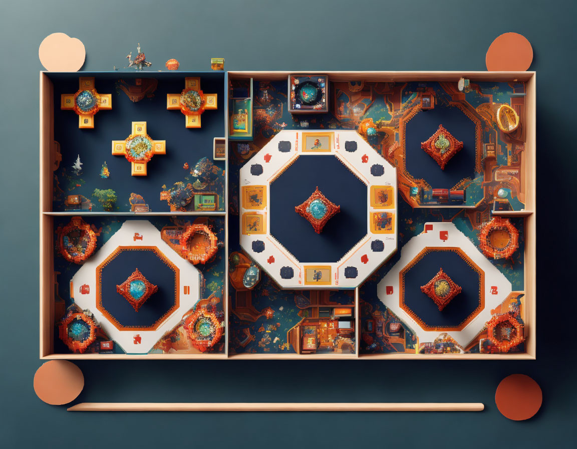 Intricate Oriental-themed board game with hexagonal tiles & colorful illustrations