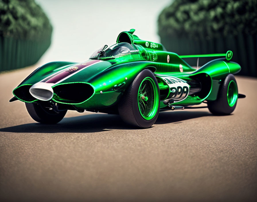 Classic Green Race Car with Number 999 on Blurred Road