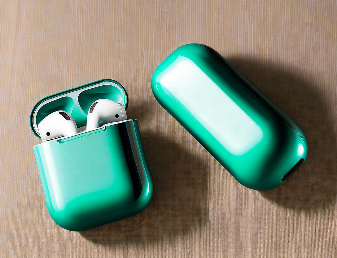 White Wireless Earbuds with Teal Charging Case on Beige Surface