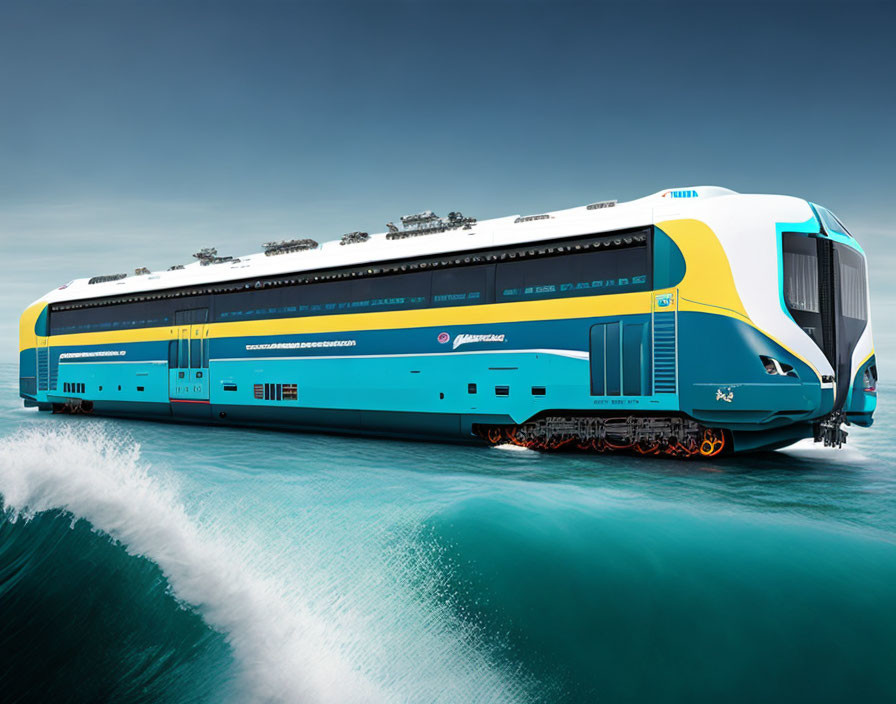 Blue and Yellow Futuristic Train Speeding on Floating Track