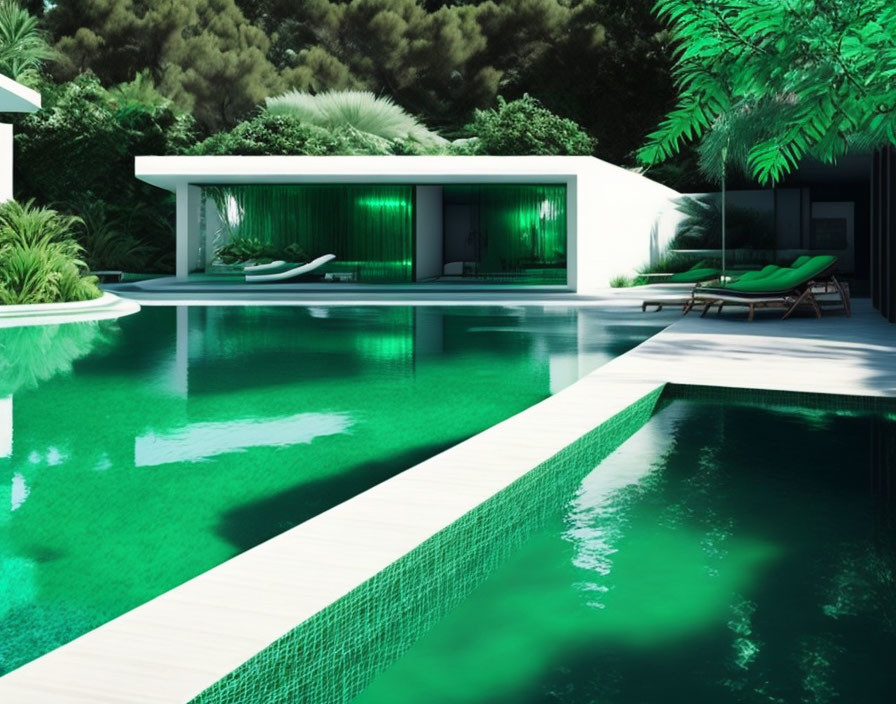 Modern house with large windows, lush greenery, turquoise pool, and white walkway.