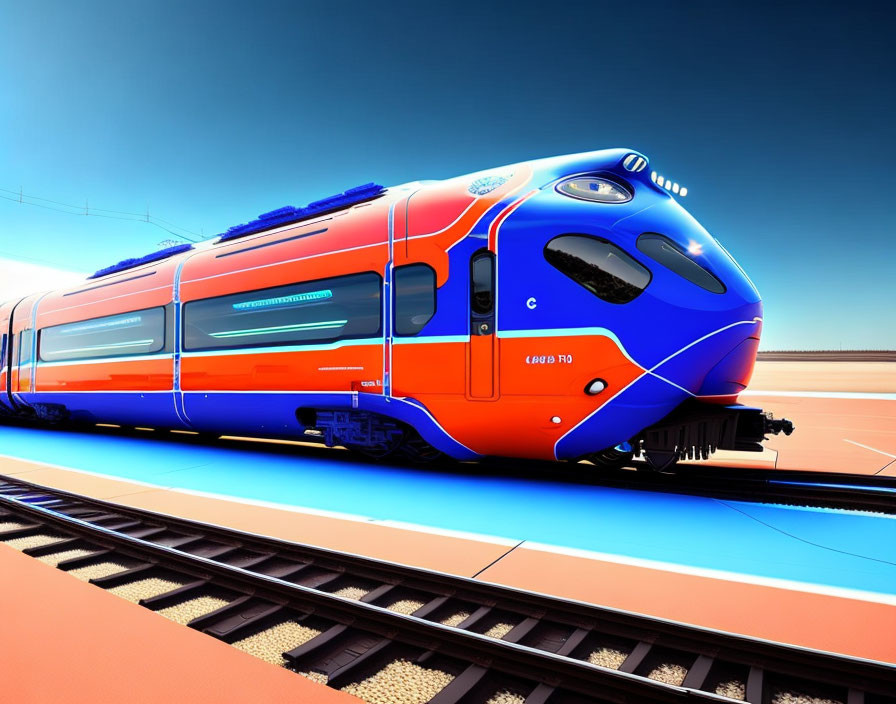 Futuristic blue and orange high-speed train on tracks