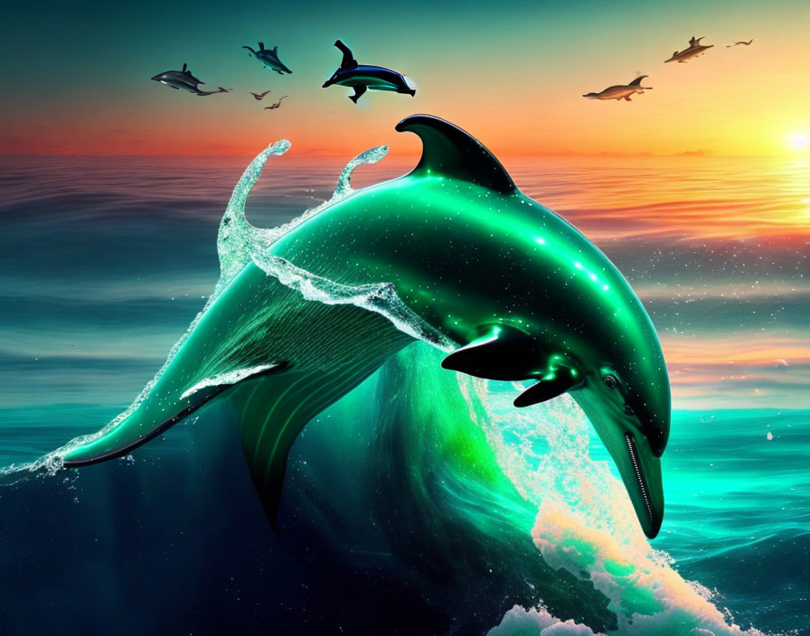 Glowing green dolphin leaps from ocean waves with birds in sunset sky