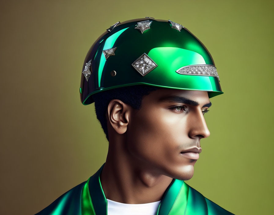 Man in Stylish Green Gem-Studded Helmet on Futuristic Background