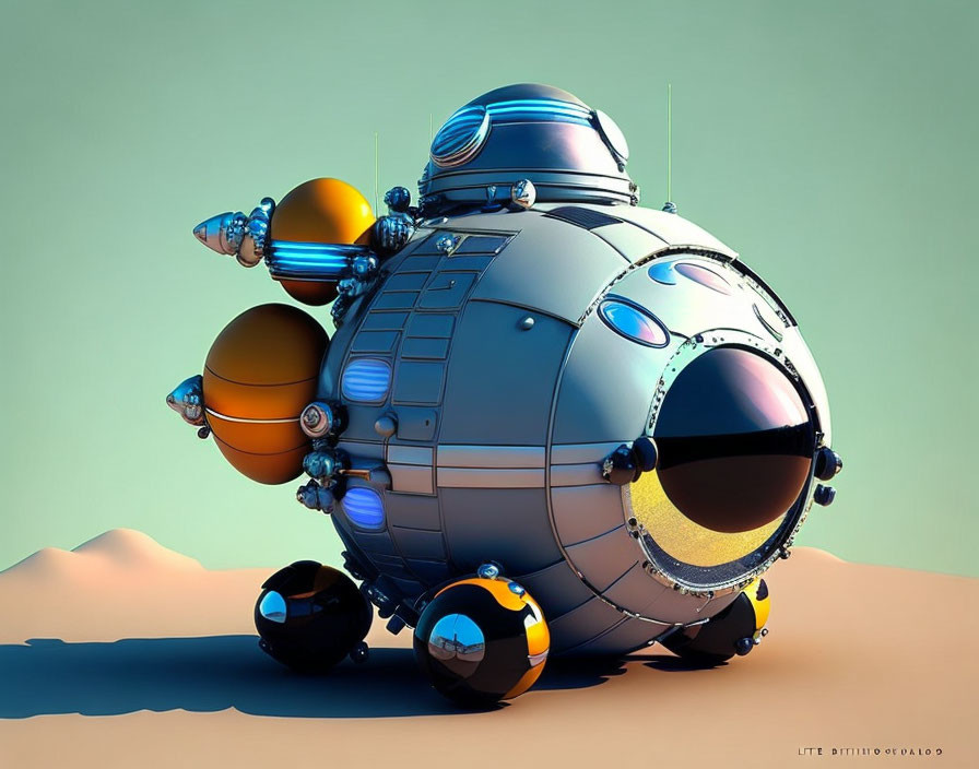 Whimsical spherical submarine with propellers on sand and teal background