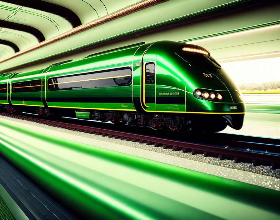 Green and Black High-Speed Train in Modern Station with "Futuristic Design" Text