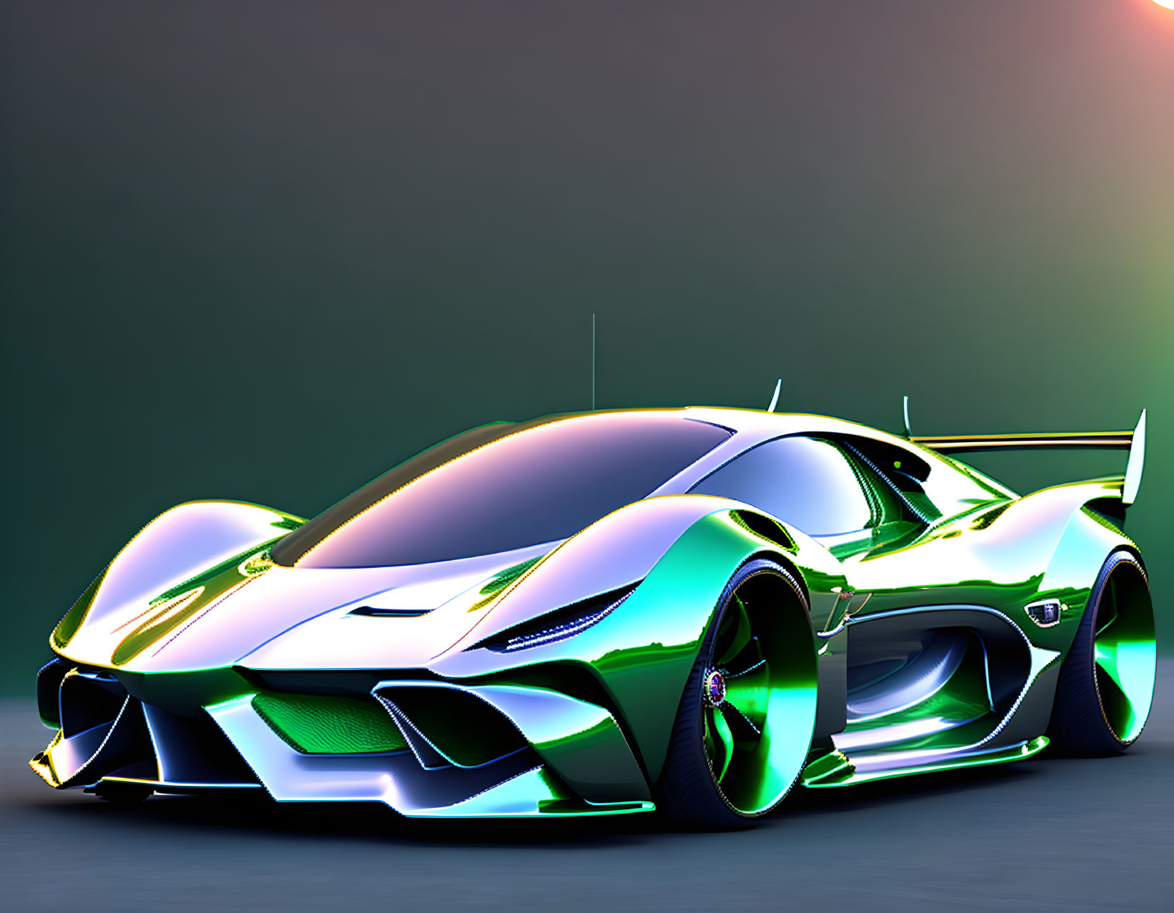 Sleek Green and White Sports Car on Neon-lit Background