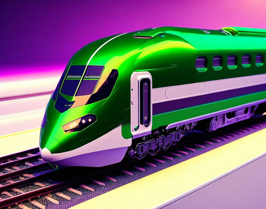 Modern green train on tracks against purple and pink gradient background with futuristic design and glowing lights