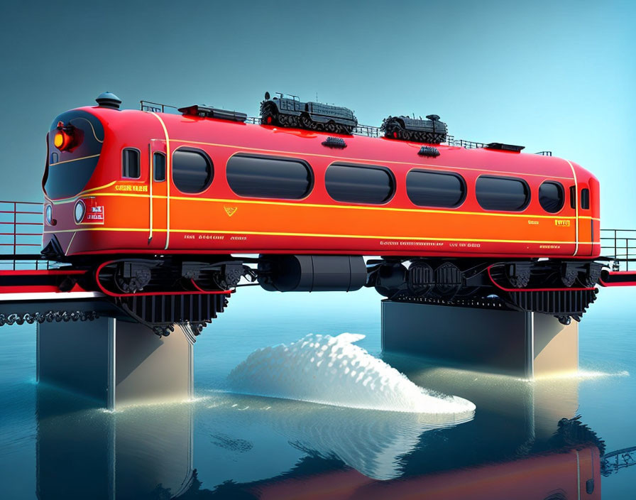 Red modern train on reflective water with icy landscape.