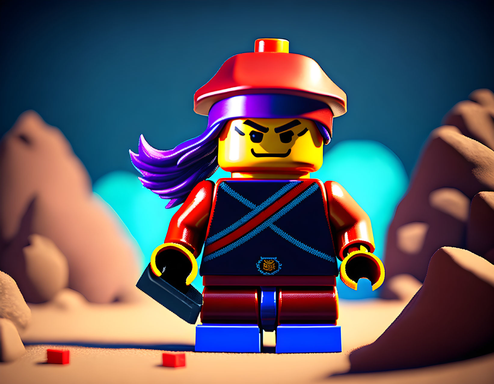 Pirate LEGO figurine with red hat and coat on sandy surface