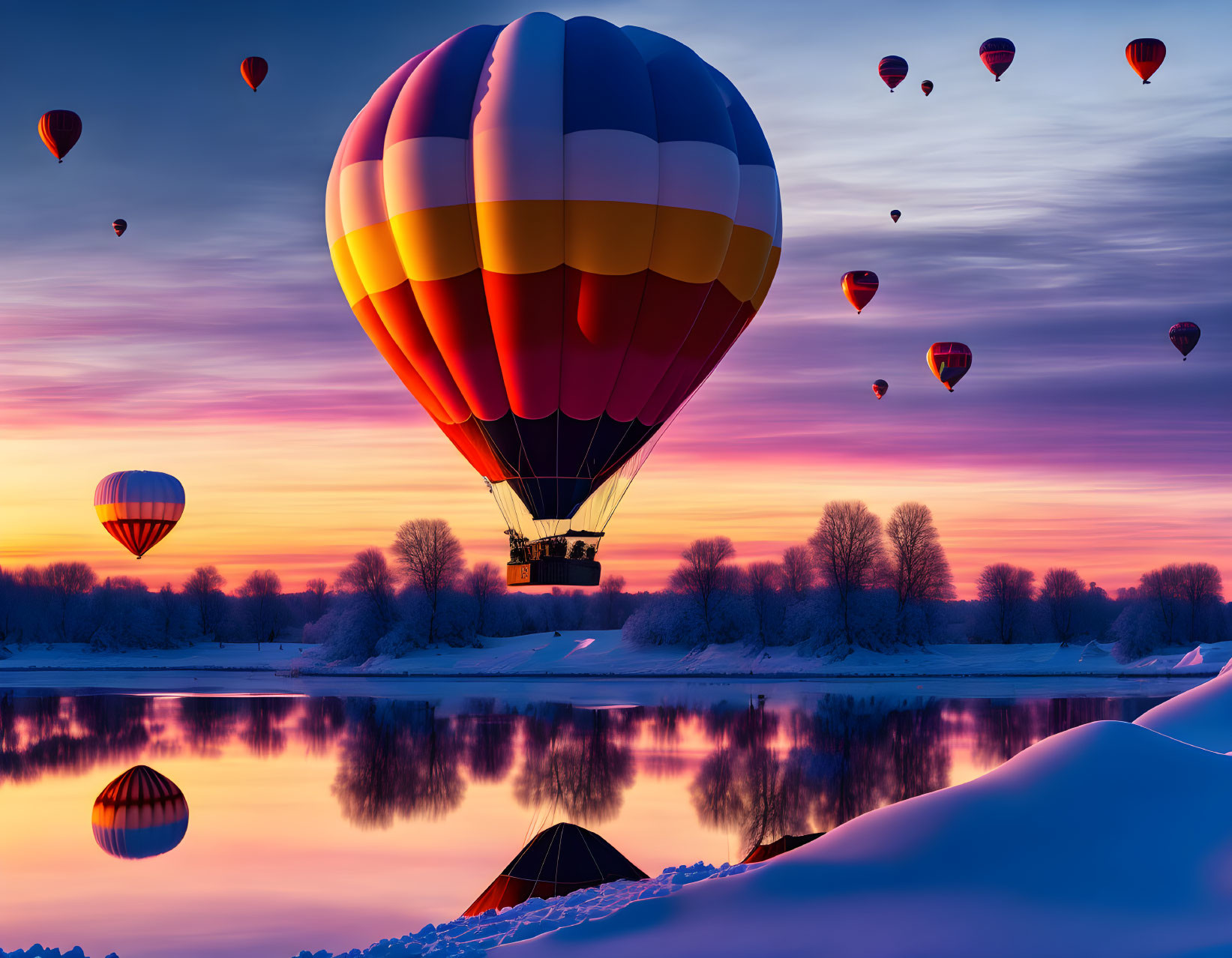 Colorful hot air balloons over snow-covered landscape at sunrise/sunset