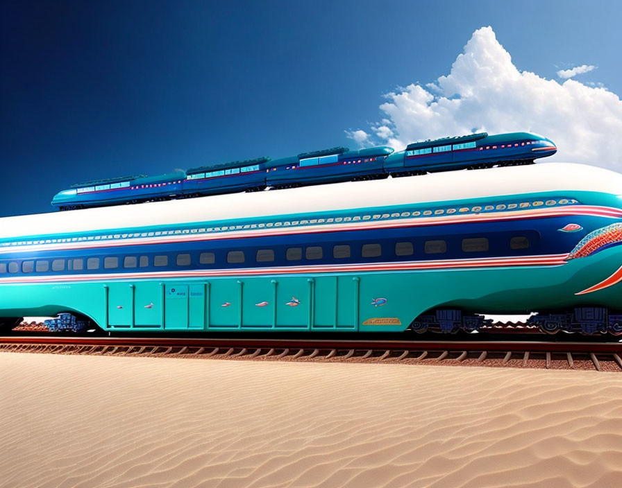 Futuristic blue and teal train in desert landscape