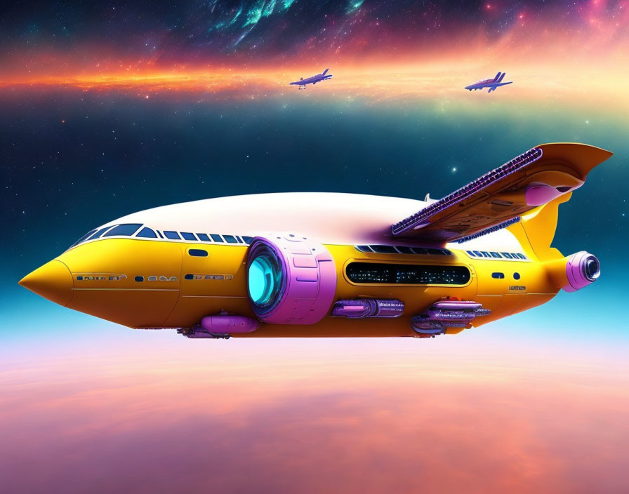 Yellow and Purple Futuristic Spacecraft Hovering Above Planet and Nebula