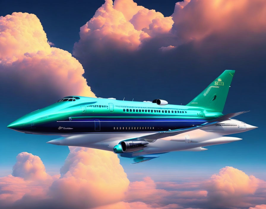 Teal and White Private Jet in Sky with Orange Clouds at Sunrise or Sunset