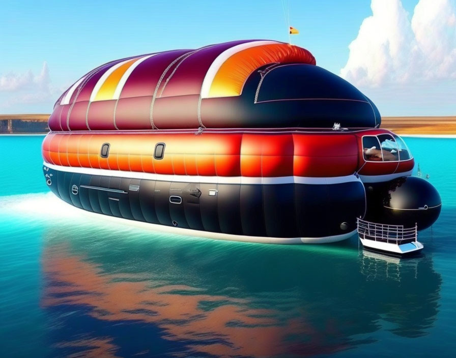 Multi-colored futuristic airship over water with detachable craft under clear sky