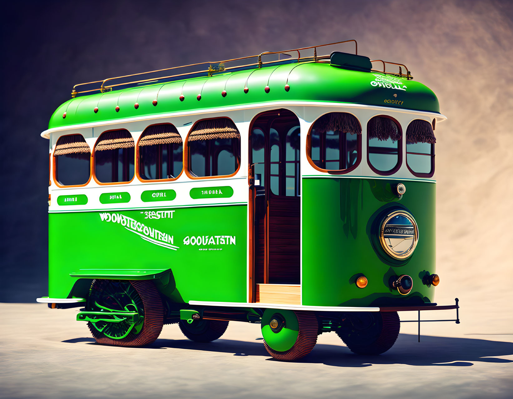 Vintage Green Trolley with Wooden Accents and Ornate Details in Soft Lighting