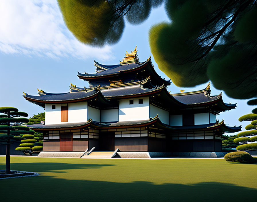 Tiered-roof Japanese castle with gold ornaments and manicured pine trees under blue sky