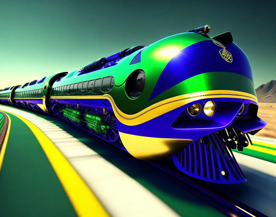 Sleek blue and green high-speed train on curved desert track