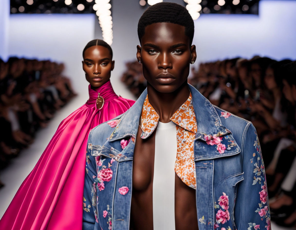 Fashion runway with models in pink dress and floral denim jacket, audience in background