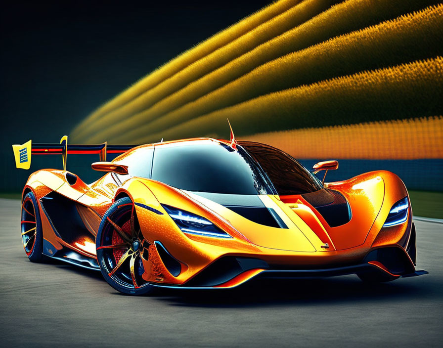 Orange Sports Car with Racing Stripes on Motion Blur Background