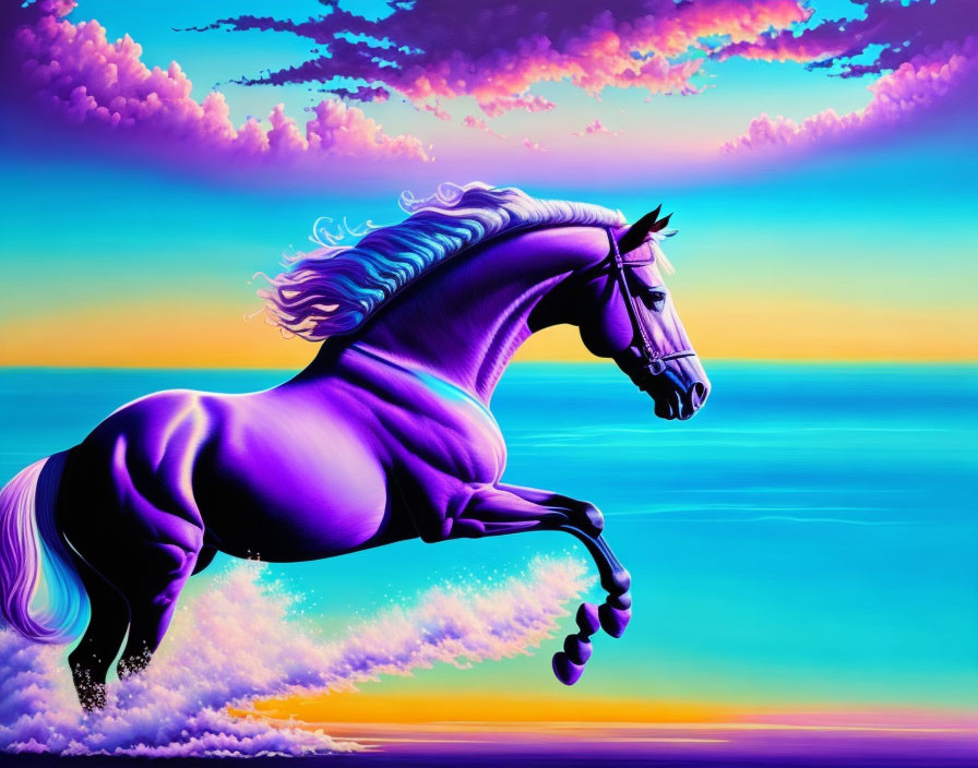 Majestic purple horse galloping in sunset sky