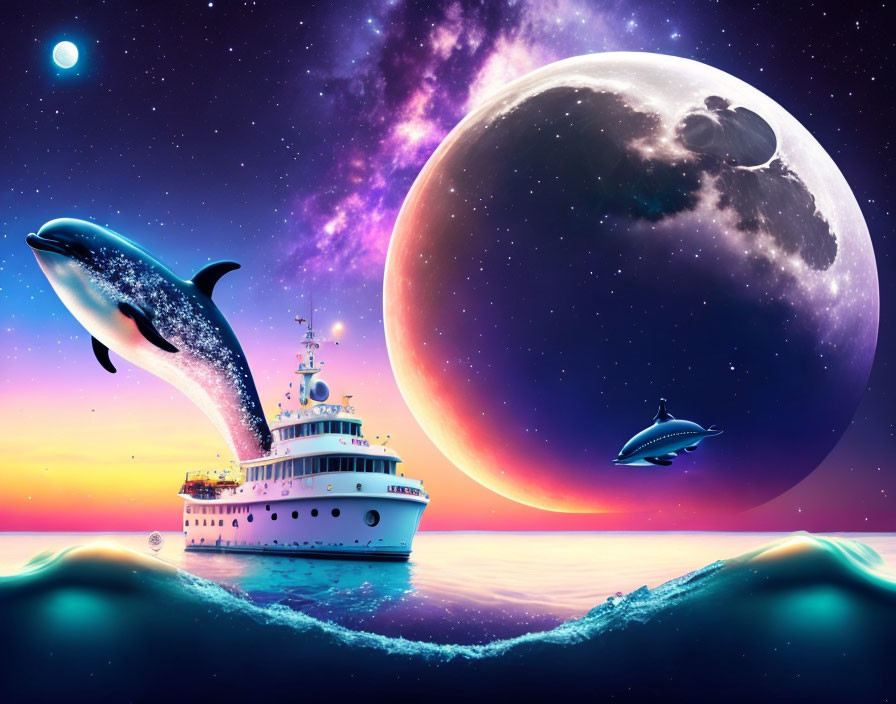 Surreal ocean scene with ship, jumping orca, moon, spaceship, and planet