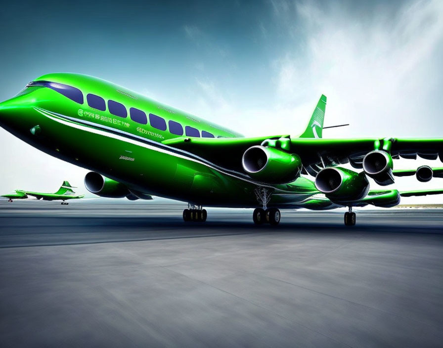 Futuristic green airplane with multiple engines on a runway