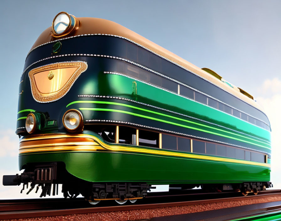 Vintage Green Locomotive with Gold Trim on Sky Background