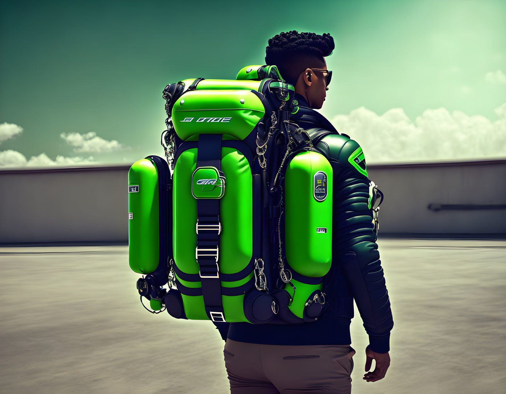 Modern haircut person with futuristic green and black backpack.