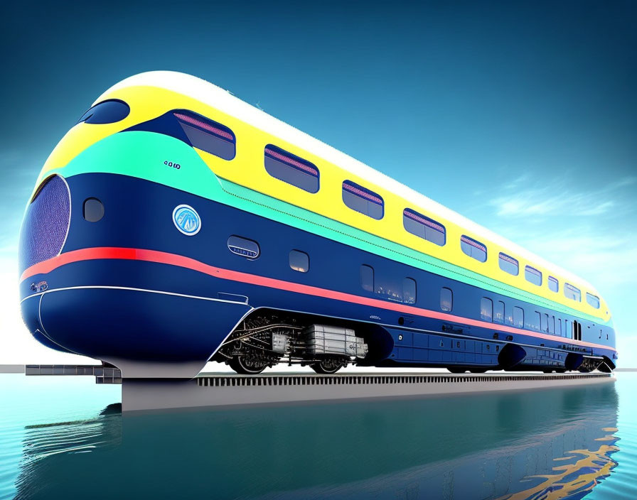 Sleek Blue Futuristic Train on Reflective Surface with Water and Clear Sky