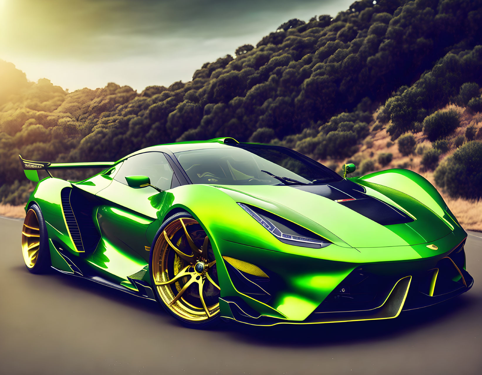 Sleek green sports car with gold wheels on road with trees