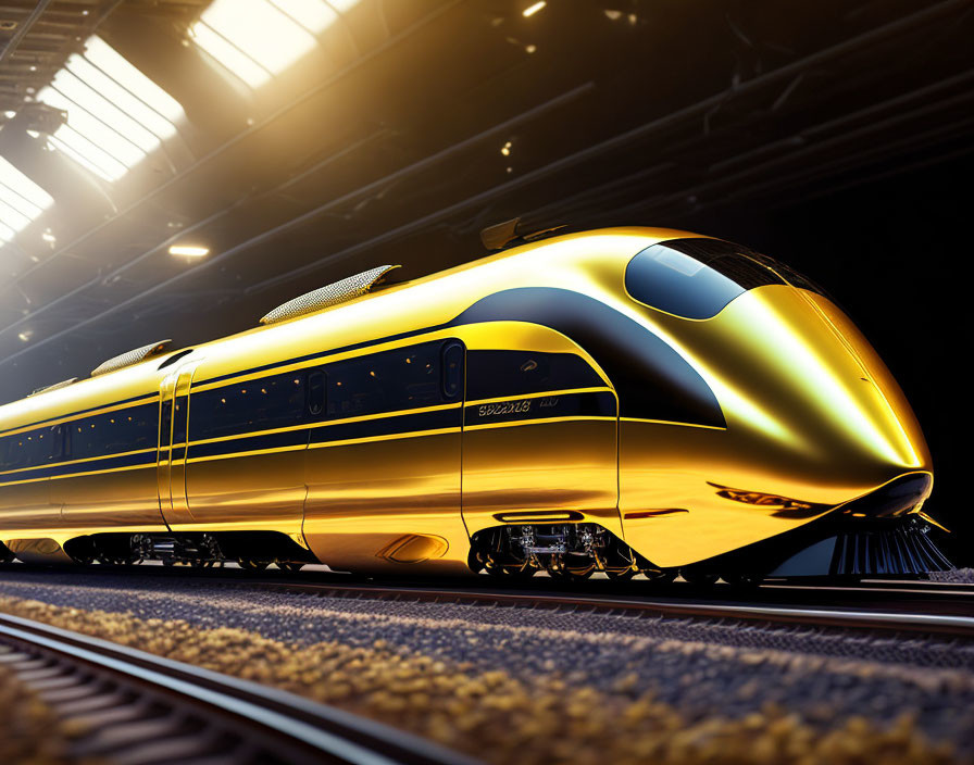 Golden high-speed train in sunlit station ready for opulent journey