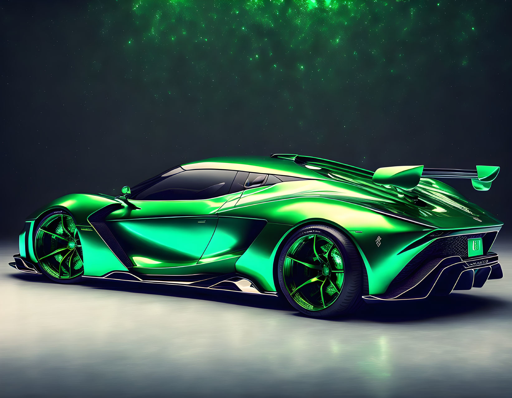 Futuristic green sports car with glowing rims on dark background