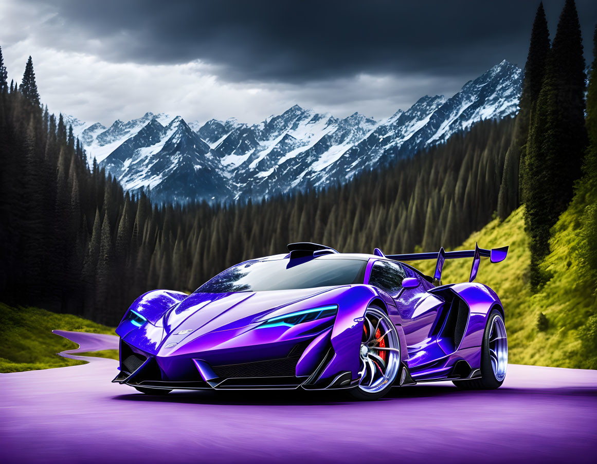 Purple sports car with rear wing parked on road with snowy mountains and green trees