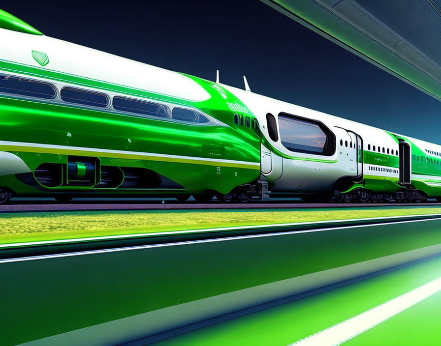 Futuristic green high-speed train on vibrant tracks