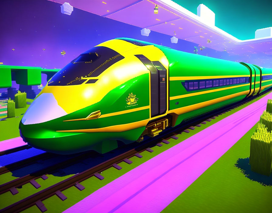 Colorful high-speed train in motion in a video game-like environment