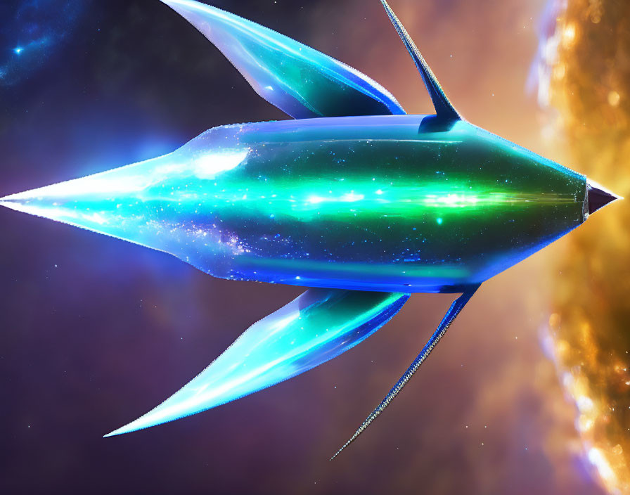 Futuristic spaceship with glowing blue contours in cosmic background