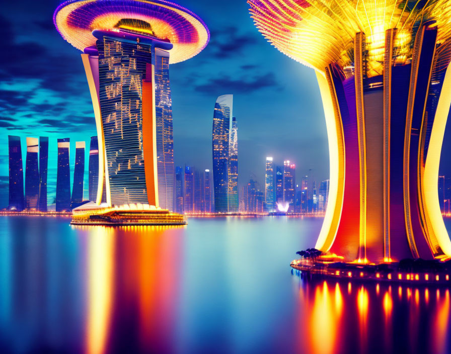 Futuristic skyline with reflective towers in twilight.