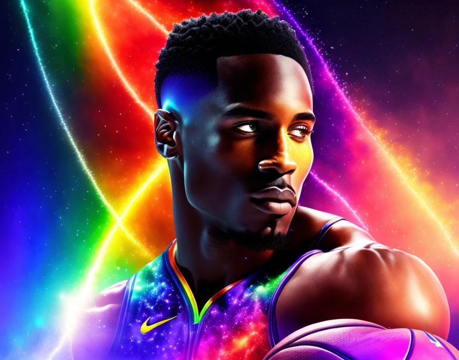 Colorful digital artwork of basketball player with neon and cosmic background