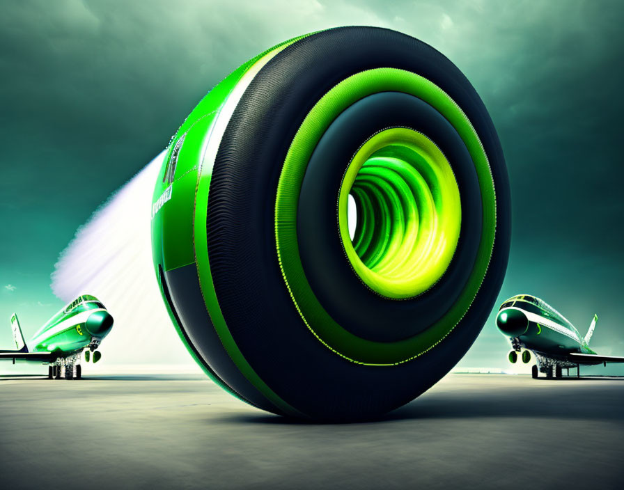 Enormous green tire with vortex effect on tarmac, two airplanes, dramatic sky