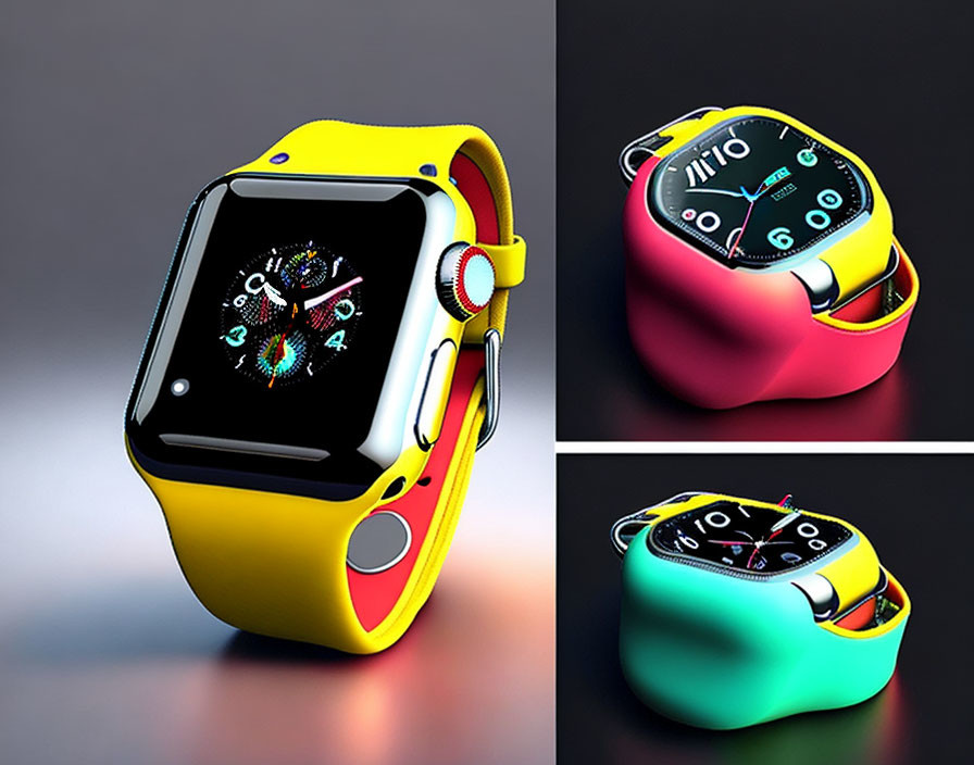 Yellow Band Smartwatch with Colorful Display in 3 Angles