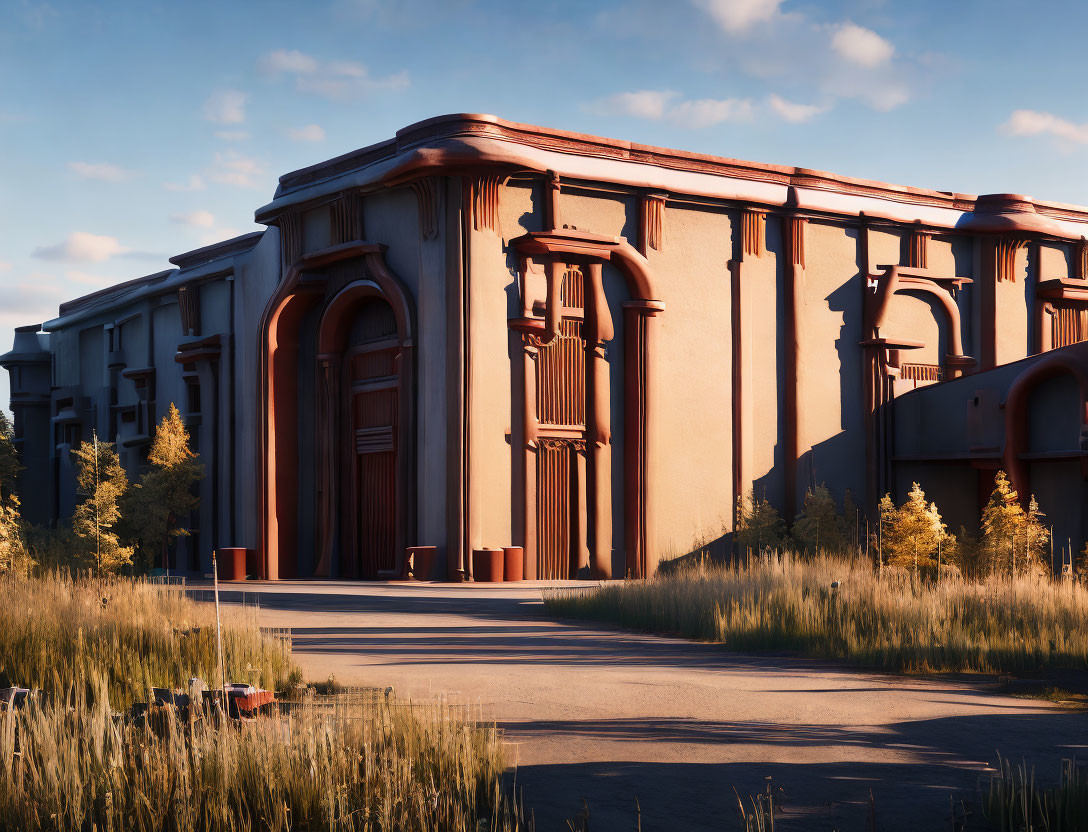 Classical architecture building in sunlight amidst tall grasses