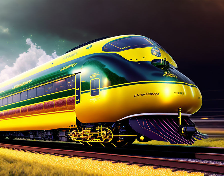 Futuristic golden-yellow train with "SAMARAROCOCO" text on dynamic colorful background