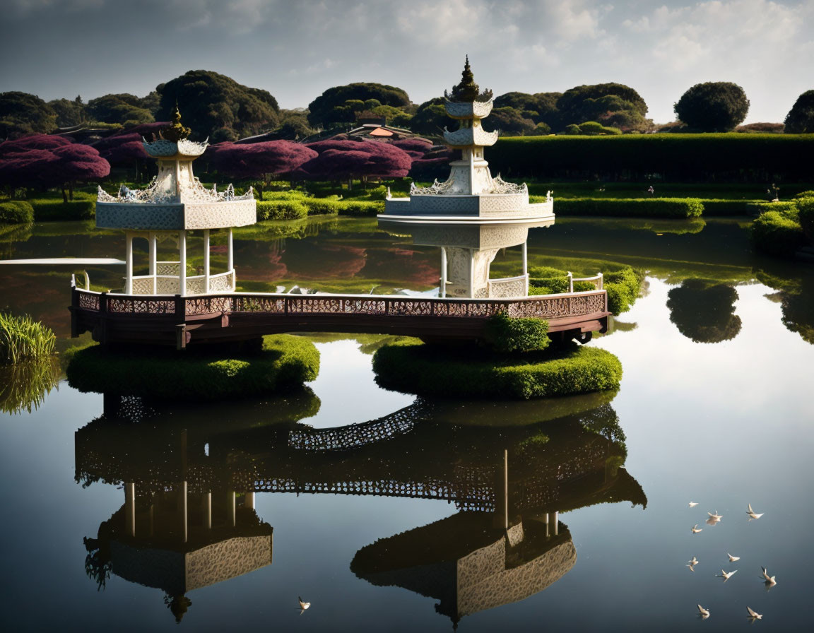 Tranquil garden scene with twin white pavilions, reflective pond, groomed trees, birds