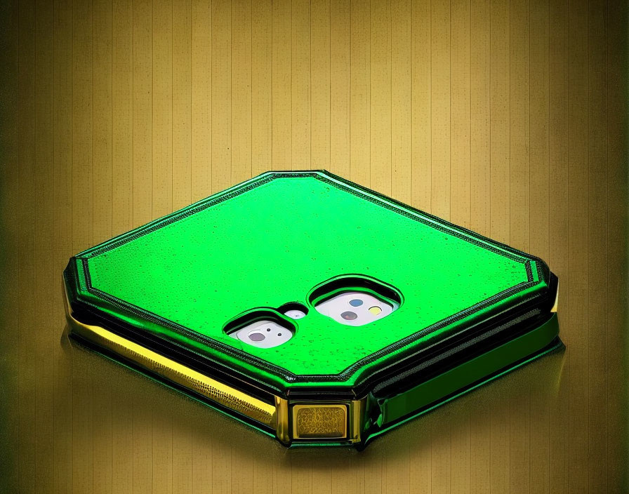 Green Hexagonal Book with Clasp and Cartoon Eyes on Striped Background